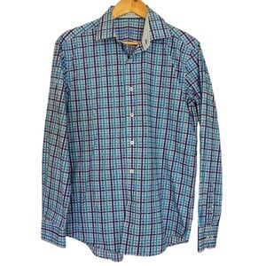 Bugatchi Men’s Blue Plaid Long Sleeve Flip Cuff Button up Shirt
